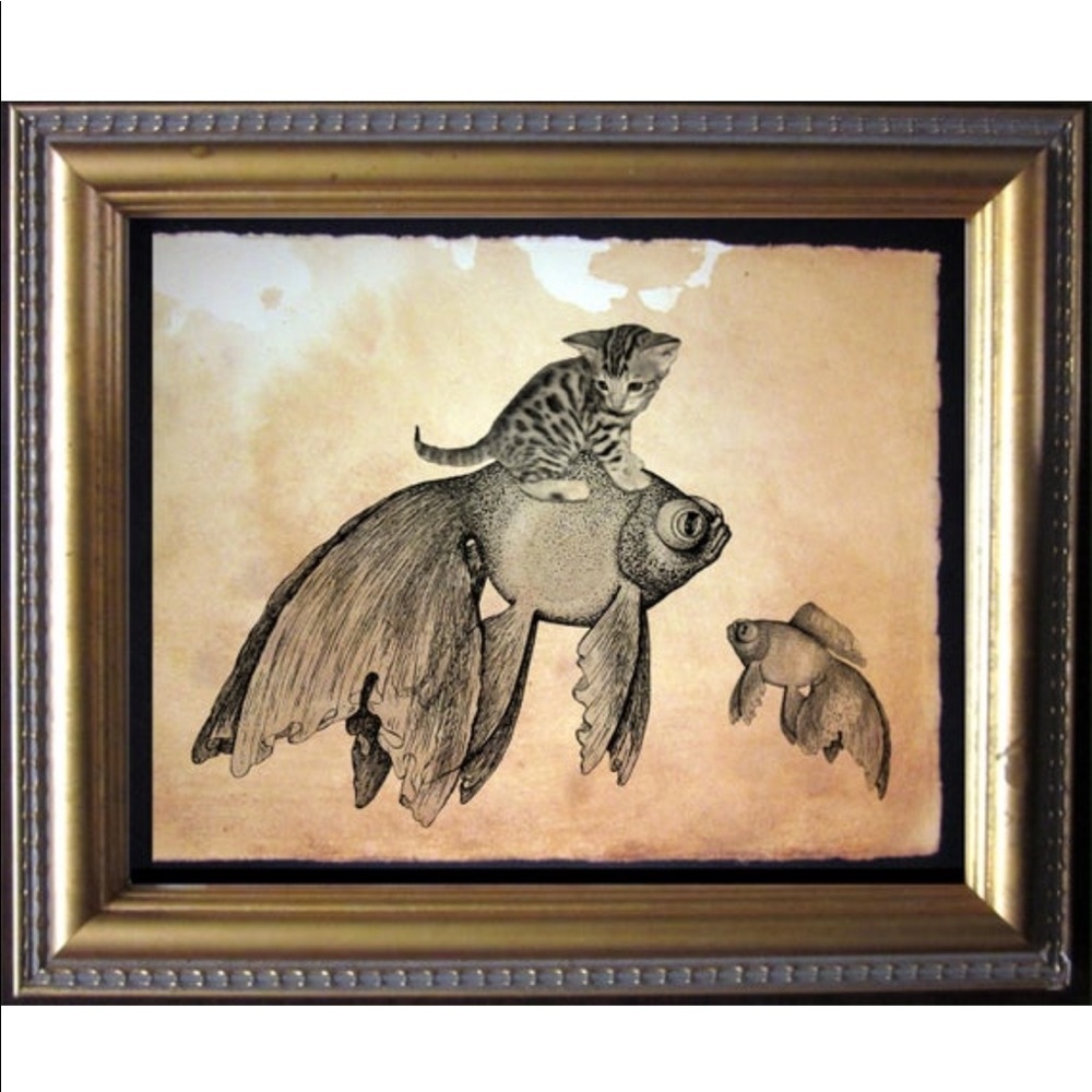 Bengal Cat  Kitten on Goldfish Wall Art Print Tea